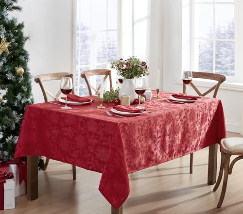Newbridge Red Christmas Carol Damask Rectangular Tablecloth 120x60 Inch - Holiday Wrinkle-Free Fabric Cover