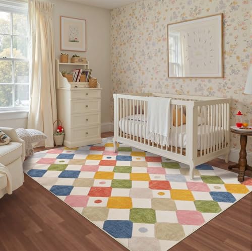 Kids Nursery Rug - 5x7 Colorful Playroom Carpet with Non-Slip Backing - Diamond Circus Design