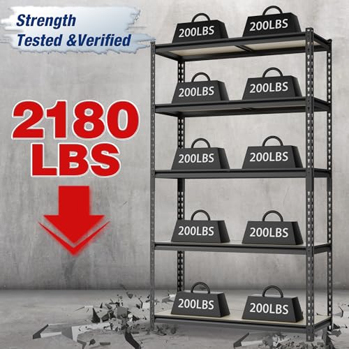 Heavy Duty 5-Tier Garage Storage Shelf - 72 Inch Black Adjustable Shelving Unit with 2180LBS Capacity