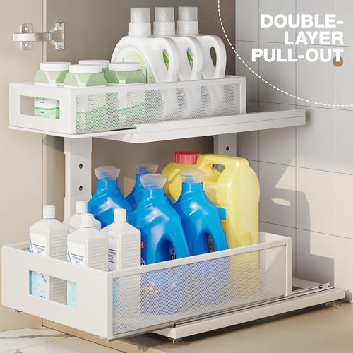 Corbyles 2 Pack Under Sink Organizer White 15.74"D x 14.4-16.4"H Adjustable 2-Tier Pull-Out Cabinet Storage