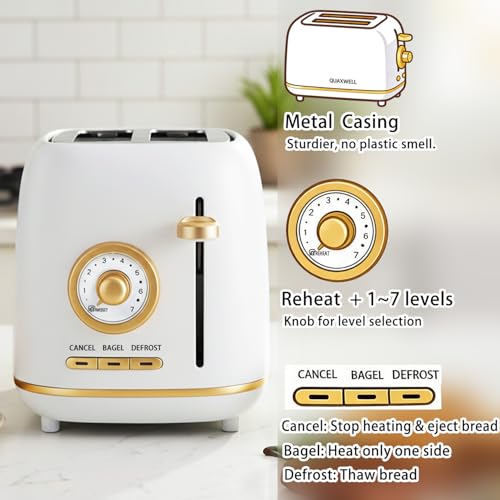 2 Slice Toaster Wide Slot Stainless Steel Matte White & Gold - Retro Kitchen Appliance