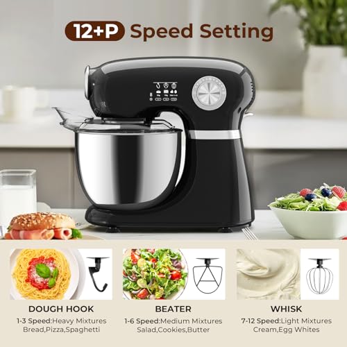 Electactic Black 5.3 Quart Electric Stand Mixer with 12 Speeds, Low Noise
