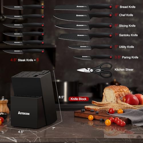 Astercook 15-Piece German Stainless Steel Knife Set with Block & Sharpener
