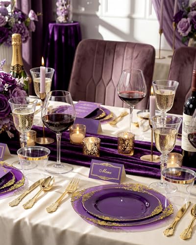 Purple Plastic Dinnerware Set for 25 Guests - 175 Pcs Clear & Gilded