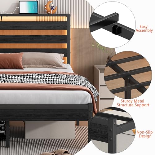 Full Size Metal Platform Bed Frame with Headboard LED USB Storage No Box Spring Black