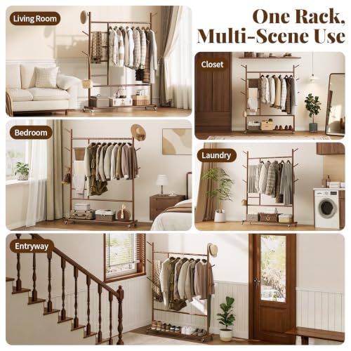 Yoobure Walnut Solid Wood 4-in-1 Clothes Rack with Wheels & Storage