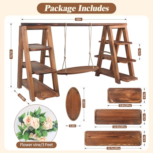 Wooden 3-Tier Cupcake Stand with Swing & Flower Decor - Brown