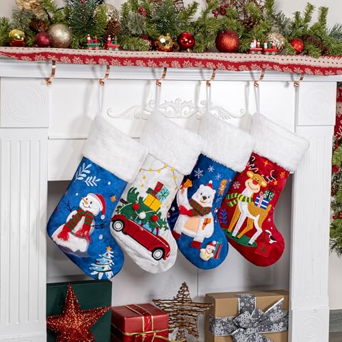 BHD BEAUTY Blue & Red Christmas Stocking 4 Pack Velvet Embroidery Holiday Decor
