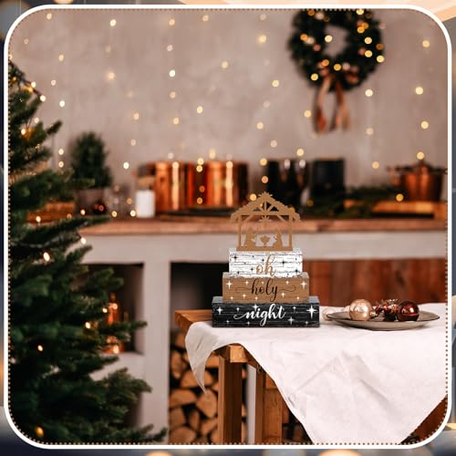 Geelin 4 Pcs Christmas Nativity Wooden Signs - Oh Holy Night, Jesus Theme Decor Set
