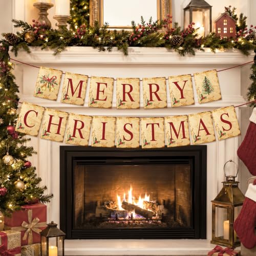 Actilize MERRY CHRISTMAS Banner with Christmas Tree and Bells - Christmas Vintage