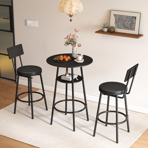 Kiivakii 3-Piece Round Bar Table Set with 2 Stools - Black, Storage Rack
