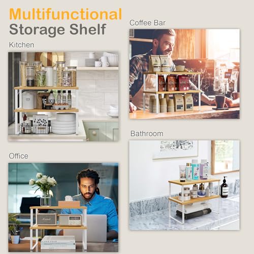 Large Kitchen Counter Shelf Organizer Set of 4 - 15.7 Inch Wood Storage Shelves, Expandable & Stackable, White & Natural Beige Variation