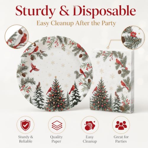 Christmas 50 Pcs Plates & Napkins Set - Cardinal Holiday Tableware, 7 Inch