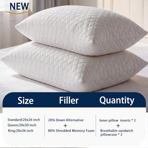 Memory Foam Pillows for Side Sleepers Set of 2 - Adjustable, Cooling & Washable
