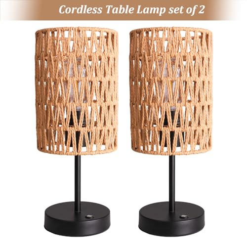 Rechargeable Outdoor Rattan Table Lamps Set of 2 - Beige Boho Cordless Patio & Indoor Lighting