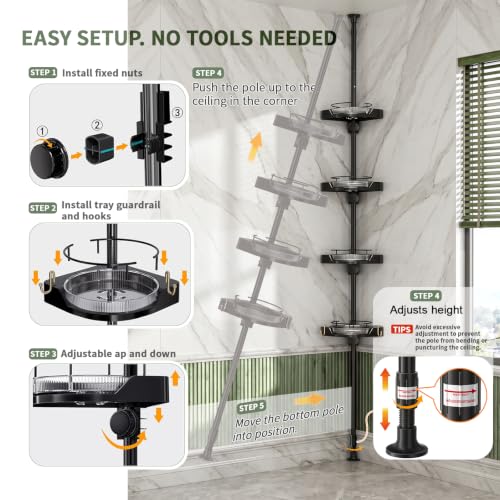 Black 4-Tier Rotating Tension Pole Shower Organizer - Adjustable Bathroom & Kitchen Caddy