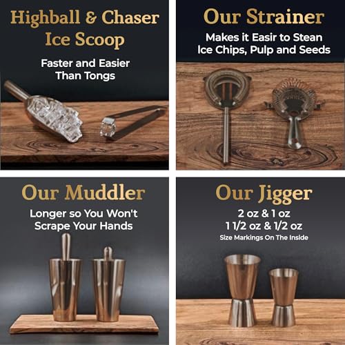 Highball & Chaser Bartender Kit with Espresso Bamboo Stand - Copper
