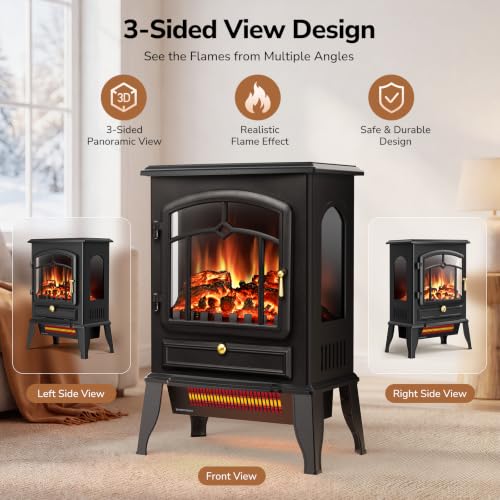 ZAFRO 22 Inch Electric Fireplace Stove with 3D Flame and Adjustable Heat - Black