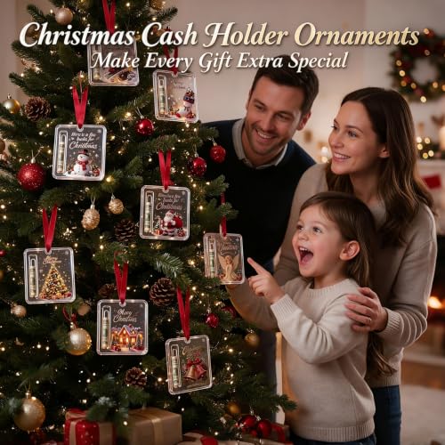 10Pcs Christmas Cash Gift Ornament - Acrylic Money Holder, Santa/Reindeer/Tree Designs, Gift Ready