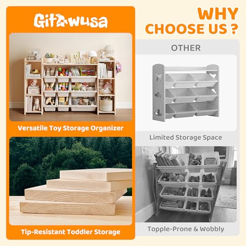 GITAWUSA White Toy Storage Organizer with 6 Shelves, 9 Bins & 6 Hooks - 57"W Kids Bookcase & Playroom Storage