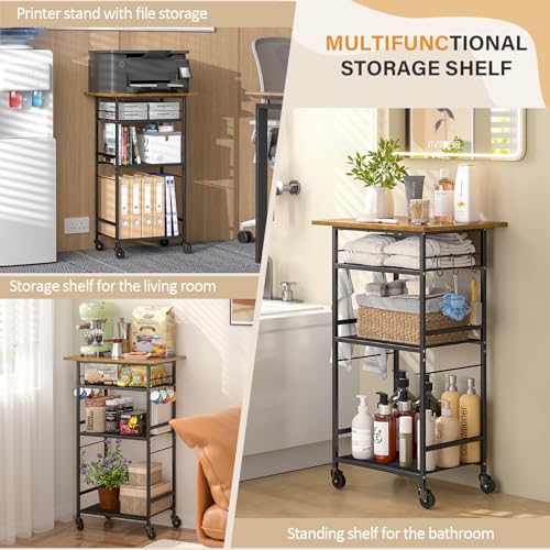 Brown 4-Tier Kitchen Microwave Cart on Wheels with Storage and Hooks