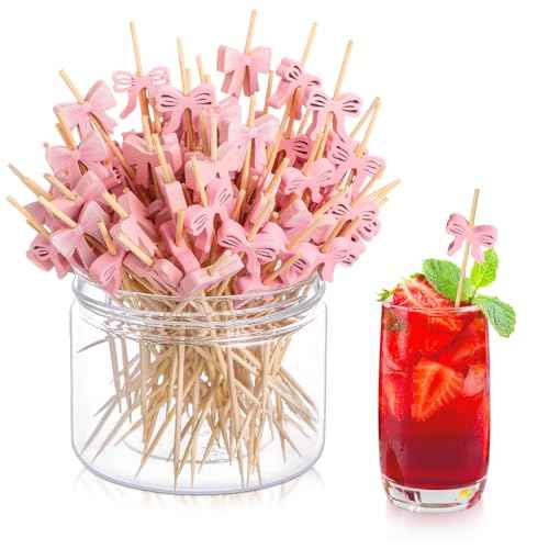 Queekay 100 Pcs Pink Bow Cocktail Christmas Picks Bow Cupcake Toppers Baby Shower Decorations for Wedding Bridal Birthday Pinks Theme Party Decorations Fruit Drink Dessert Bachelorette