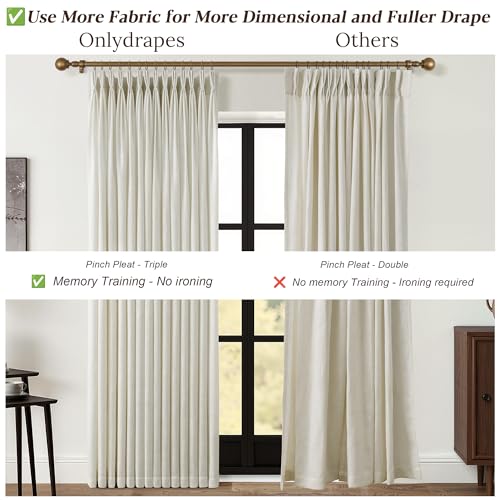 40W x 90L Linen Curtains Set - 2 Panel Triple Pinch Pleated Beige Textured Drapes