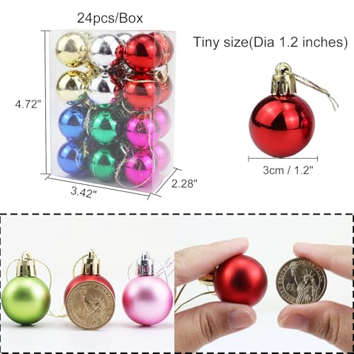 Aacehlh 24Pcs Mini Christmas Ball Ornaments 1.2in Shatterproof Multicolor Hanging Balls for Xmas Tree