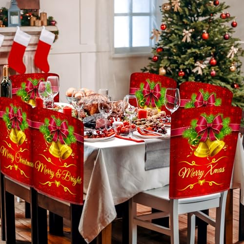 Buryeah Red Bell Christmas Chair Back Covers 6-Pack - Removable & Washable Holiday Slipcovers for Dining Chairs, 23.6 x 19.7 inches