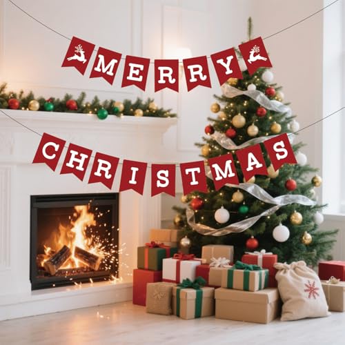 Neyeidru Red Merry Christmas Banner - Paper Party Sign, Pre-Strung