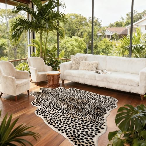 Beige and Black Leopard Print Faux Animal Rug 8.2x6.1ft Home Decor