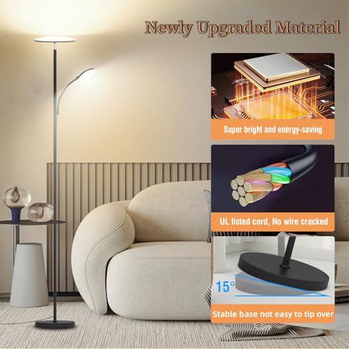 Black LED Floor Lamp 42W 4500LM Stepless Dimmable with Reading Light & Remote