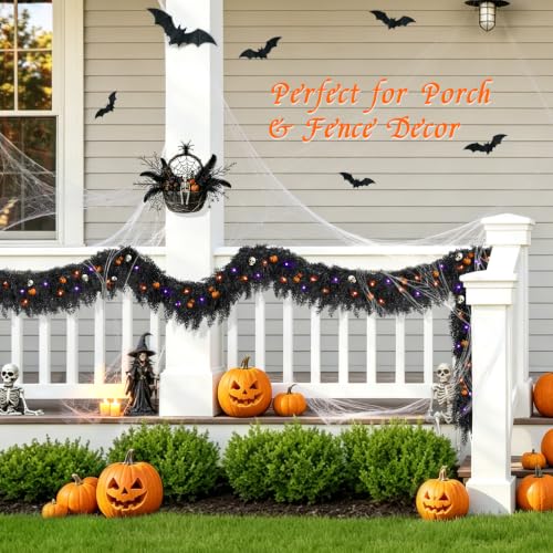 Black Halloween Cedar Garland - 9ft Faux Foliage with Purple Lights - Variation of THIS listing