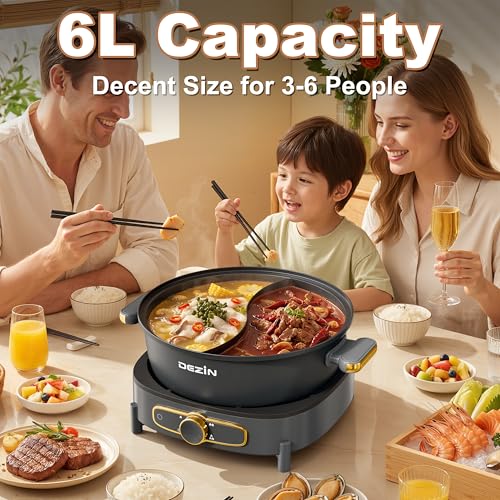 Dezin 6L Electric Hot Pot with Divider - Gray, Adjustable Power, Non-Stick