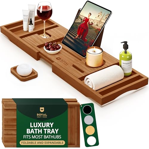 Brown Expandable Wooden Bathtub Caddy with Book & Wine Glass Holders