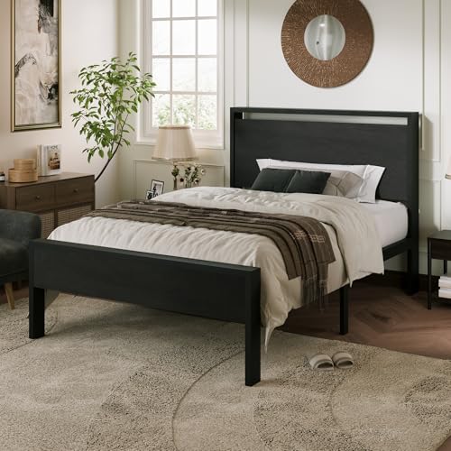 Allewie Twin Size Bed Frame with Metal Slats - Heavy Duty Support, Rustic Black Oak