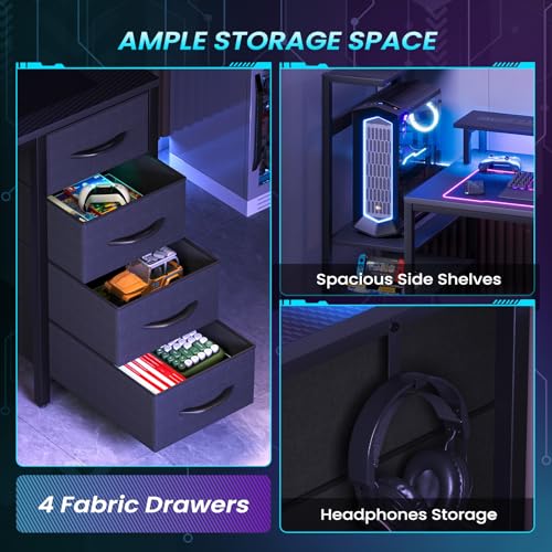 51-Inch Gaming Computer Desk with Drawers, Power Outlet & LED Lights - Black Variation