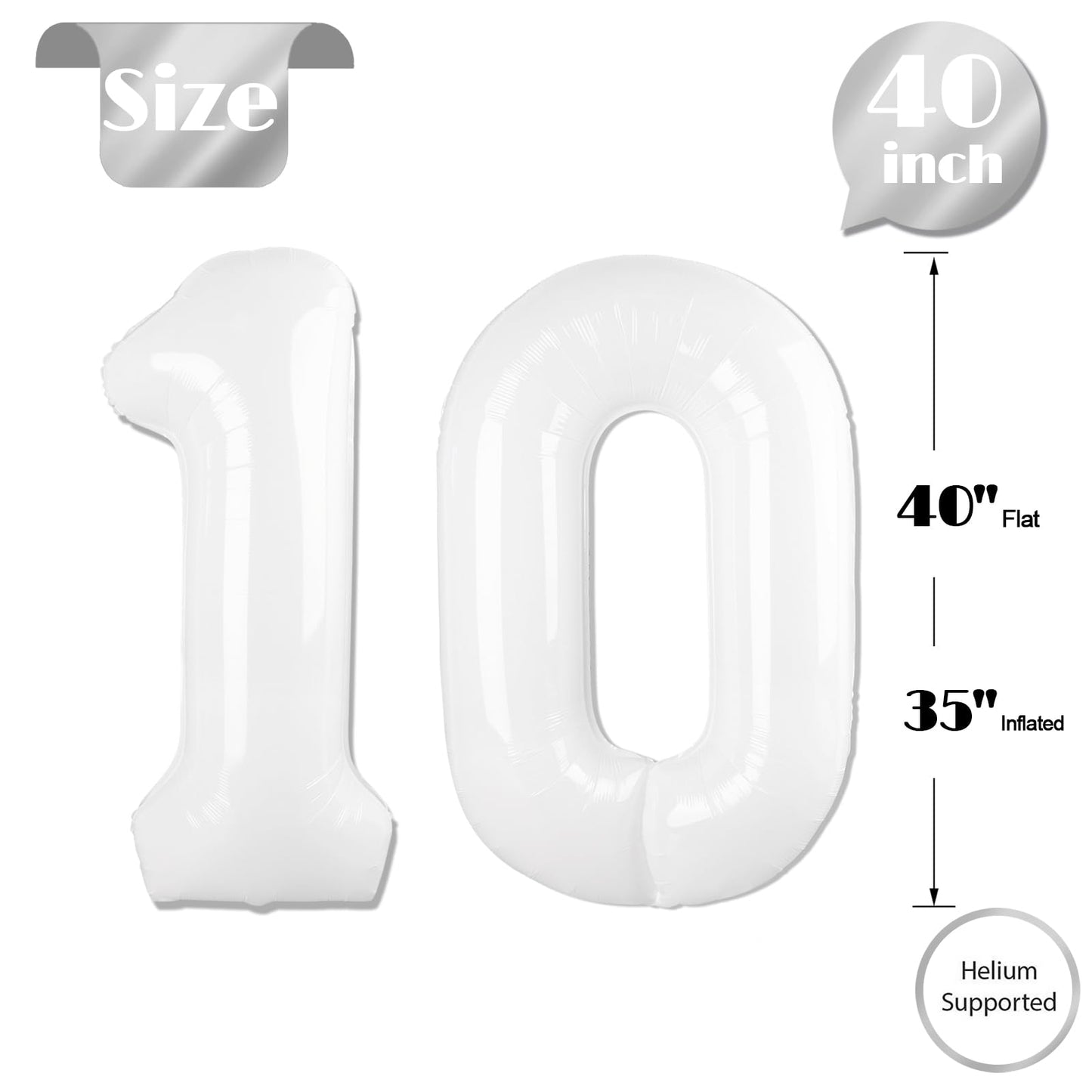 White Number 10 Balloon 40 inch, 10 Number Balloons, 10th White Birthday Decorations for Girls Boys, 10 Year Old Party Supplies