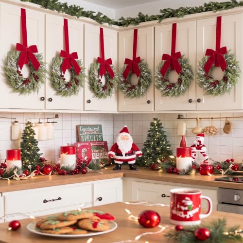 6 Pack 15-Inch Mini Christmas Wreaths for Kitchen Cabinets with Red Bows