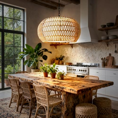 19-Inch Boho Rattan Chandelier 5-Light Farmhouse Pendant Light - Tadpole Jump