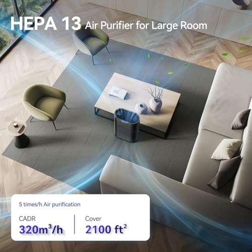 Aucleia Pet Air Purifier for Large Rooms 2100 Sq Ft with True HEPA Filter - Black