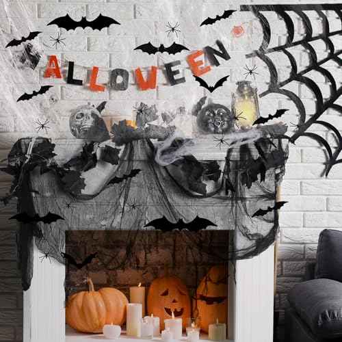 RunNico Halloween Gauze Fireplace Mantel Decorations Kit, Black Maple Leaf Garland, Spider Cloth Fireplace Mantel Scarf with Fake Bats for Halloween Decor and Horror Themed Party Supplies