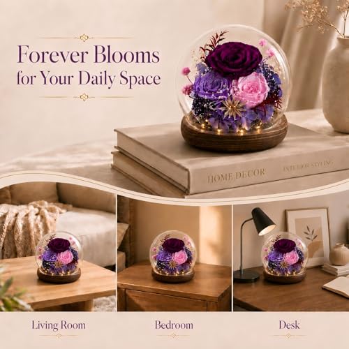 FIACO Preserved Purple Rose in Glass Dome - Eternal Flower Gift for Mom Women Wife