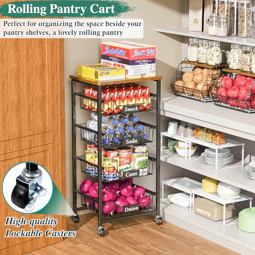 Kitchen Storage Cart with 4 Drawers & Wood Top - 5 Tier Mobile Organizer, Black