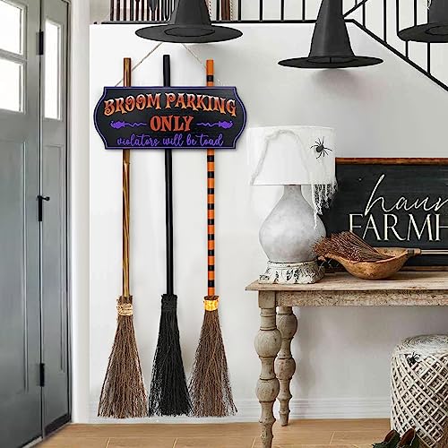 Halloween Broom Parking Sign with 3 Wooden Witch Brooms - Spooky Porch Decor