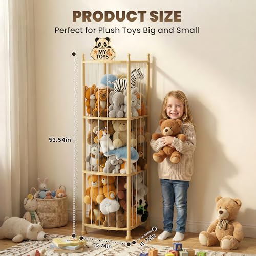 Kids Wooden Stuffed Animal Storage Organizer with Elastic Cords - Toy Zoo Tower