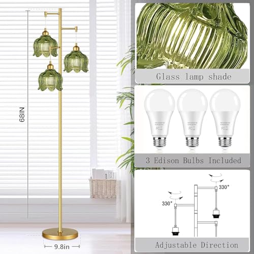 Vintage Floor Lamp with 3 Glass Flower Shades - Tall Gold Mid-Century Modern Standing Lamp with Amber Green Variation