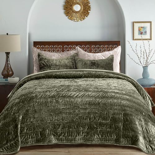 EverGrace Queen Velvet Quilt Set with Ruched Texture - Olive Green, 90x92 Inches
