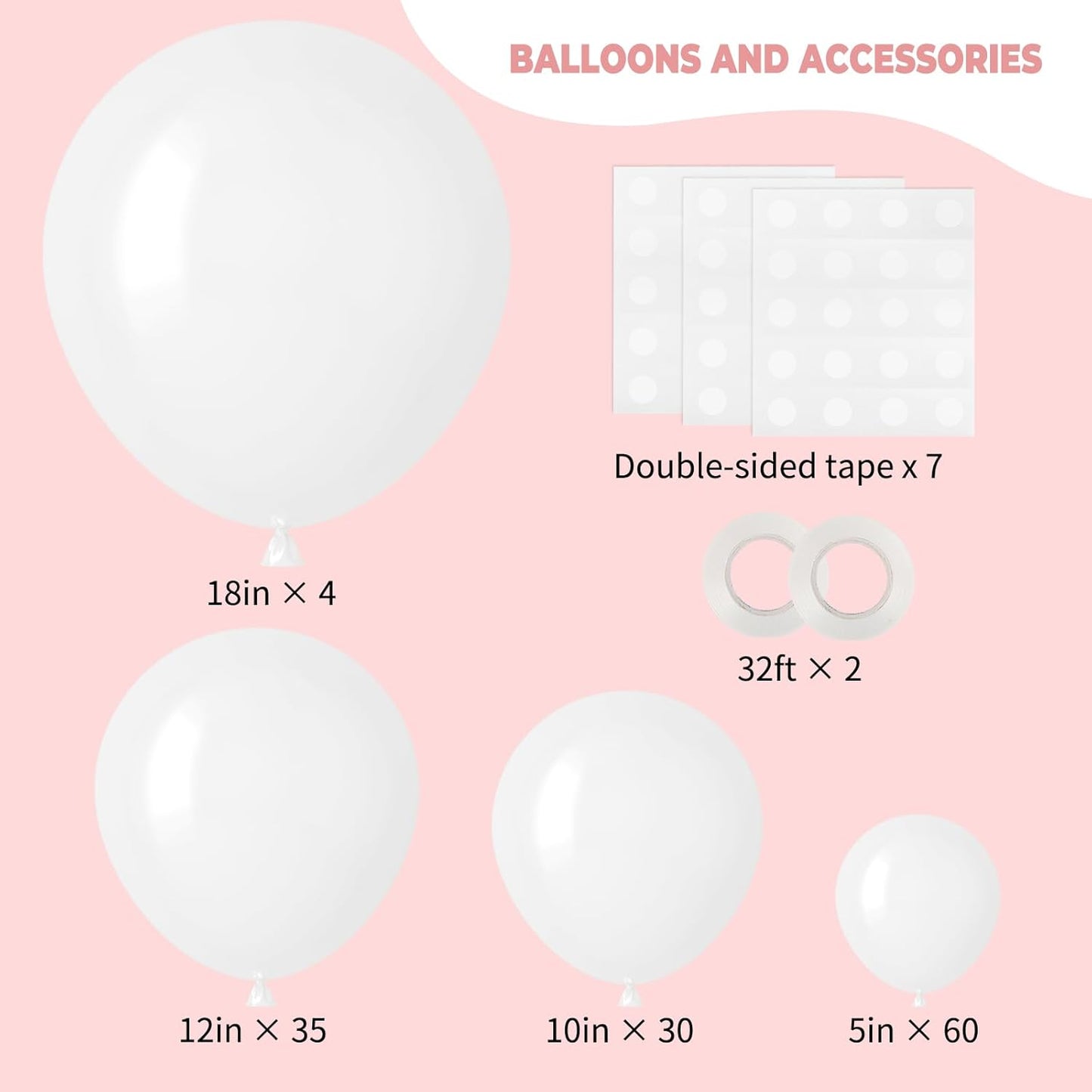 RUBFAC White Balloons - 129-Piece Set in Various Sizes | Perfect for Engagements, Weddings & Parties
