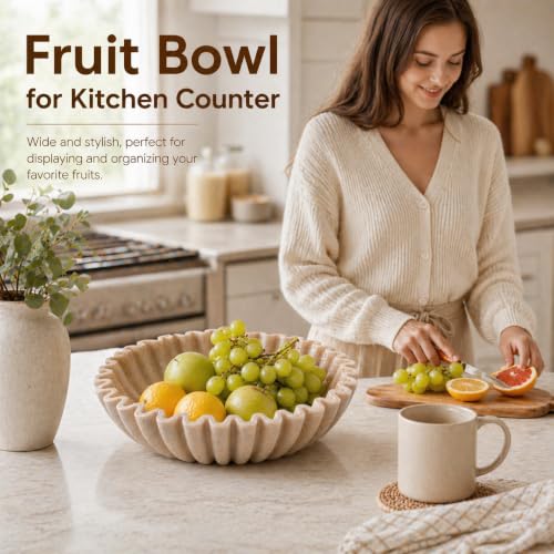Beige Large Decorative Ruffle Bowl - Modern Handmade Fruit & Key Organizer, 10-inch Wide Home Decor